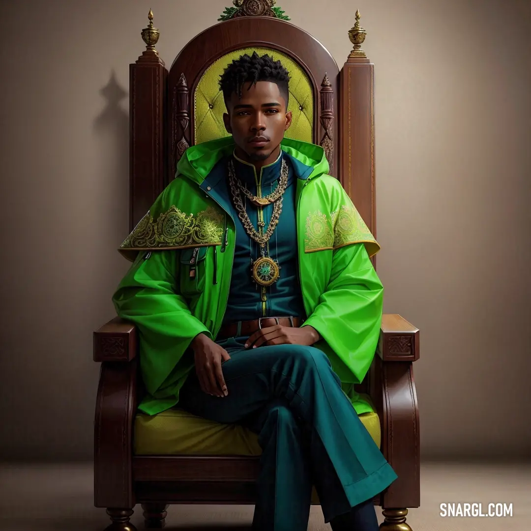 Man on a chair wearing a green outfit and a gold necklace and a green jacket