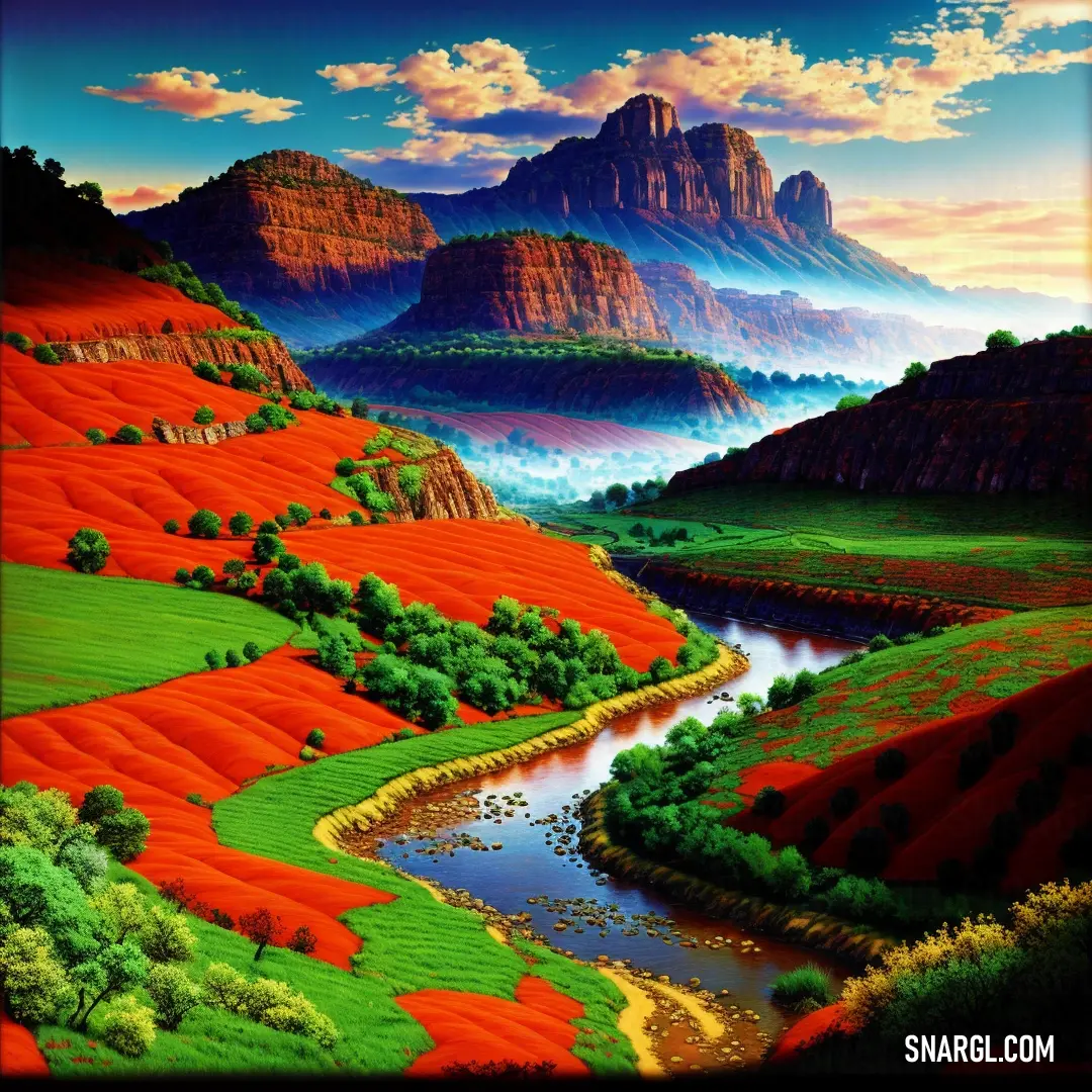 Painting of a mountain valley with a river running through it and a mountain range in the background with clouds