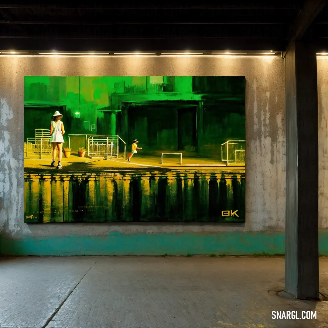 Painting of a person walking on a sidewalk near a building with a green light on it