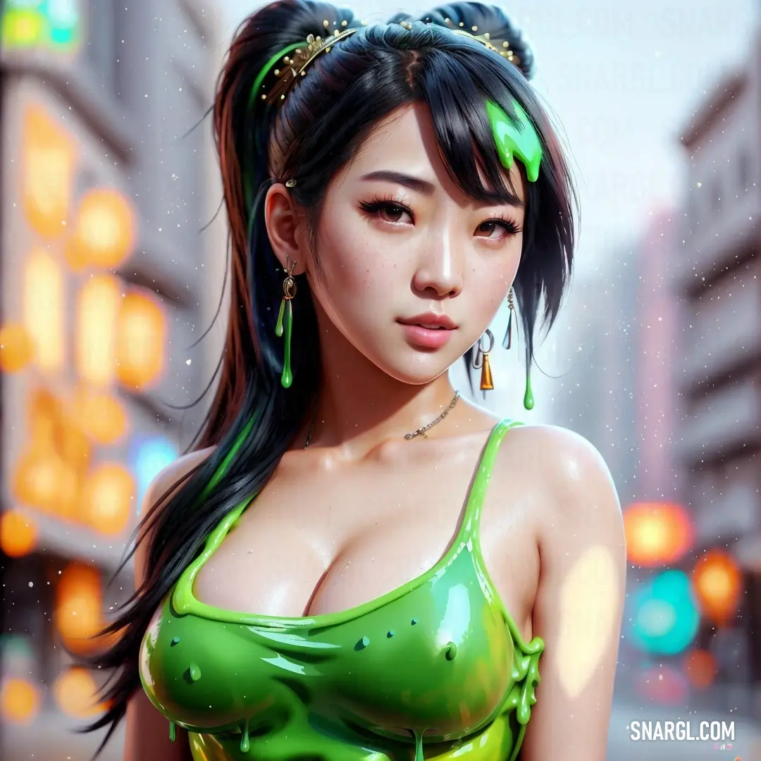 Woman in a green dress with a green hair and earrings on her head and a city street in the background. Example of CMYK 86,0,94,47 color.