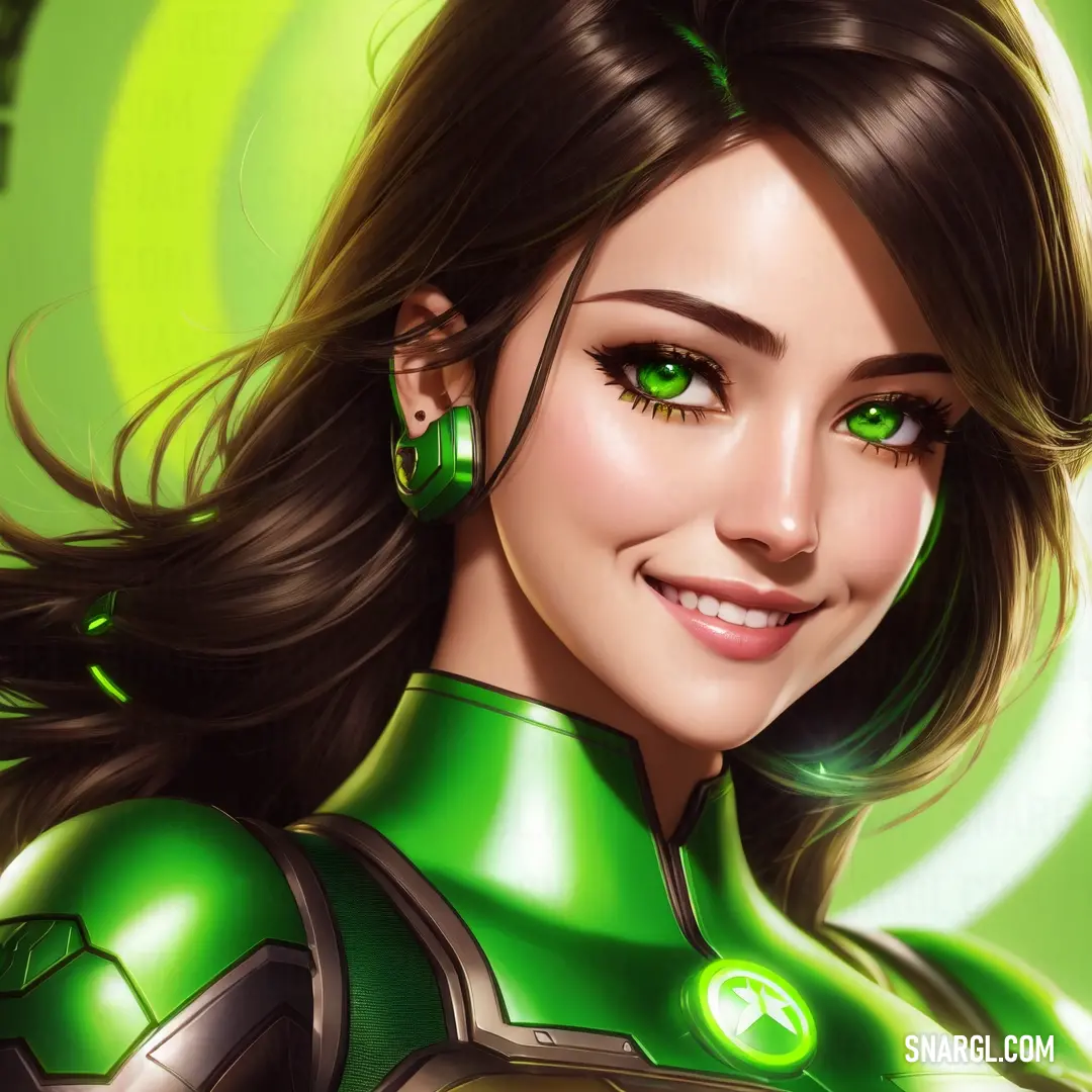 Woman with green eyes and a green suit on her face and a green background