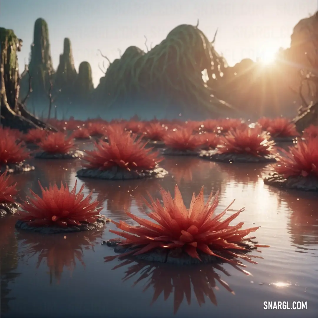 Bunch of red plants floating in a lake of water with a sun in the background. Example of Indian red color.