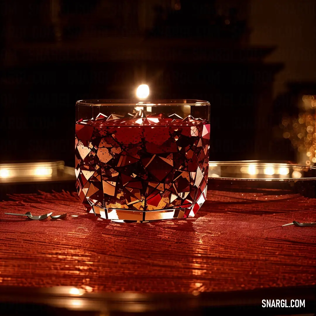 Candle that is on a table with a red cloth on it and a candle in the middle