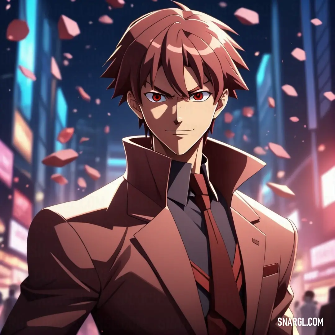 Man in a suit and tie standing in front of a cityscape with falling leaves on it. Color RGB 205,92,92.