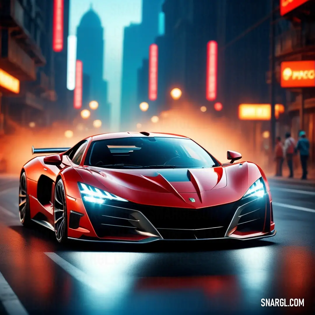 Red sports car driving down a city street at night with neon lights on the buildings. Example of Indian red color.