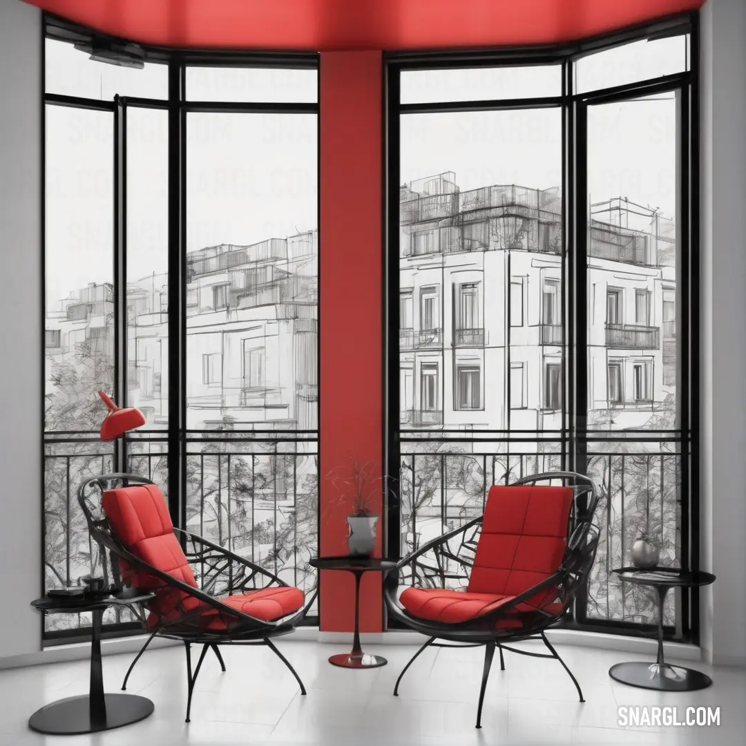 Room with two chairs and a table in it with a view of a building through the window and a red curtain. Color RGB 205,92,92.