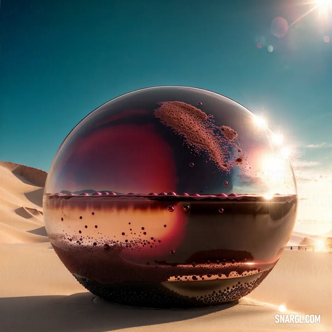 Large ball of liquid on top of a sandy beach next to a blue sky and sun flare. Color #CD5C5C.