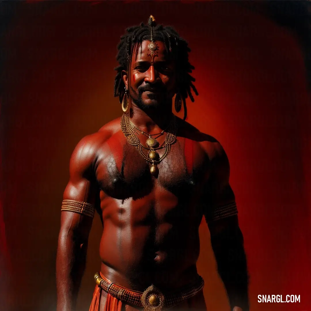 Man with dreadlocks and a necklace on his neck and chest is standing in a red room