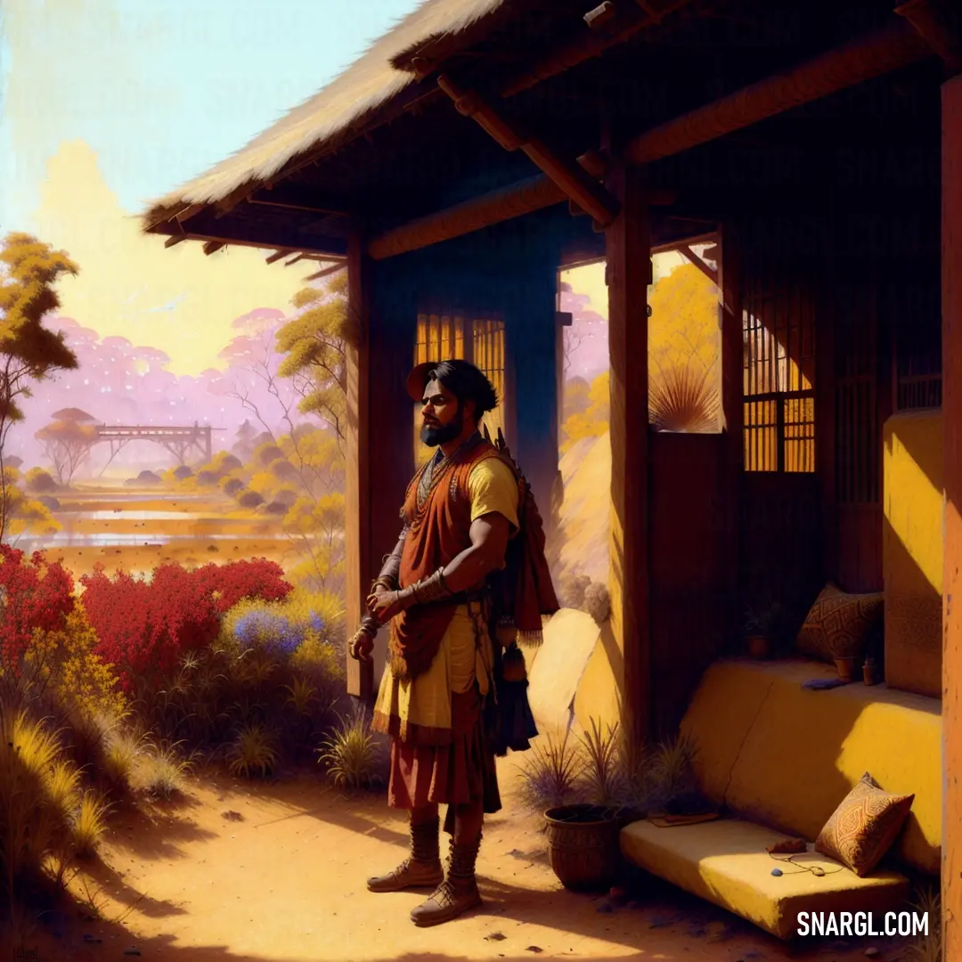 Painting of a man standing in front of a building with a view of a river and mountains in the background