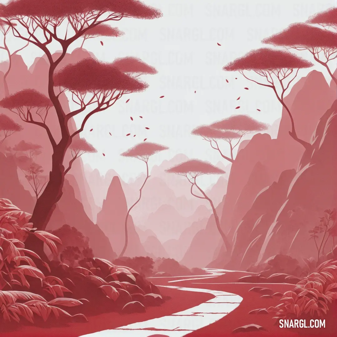 Painting of a red landscape with a path leading to a mountain range and trees in the distance with a white line running through the center