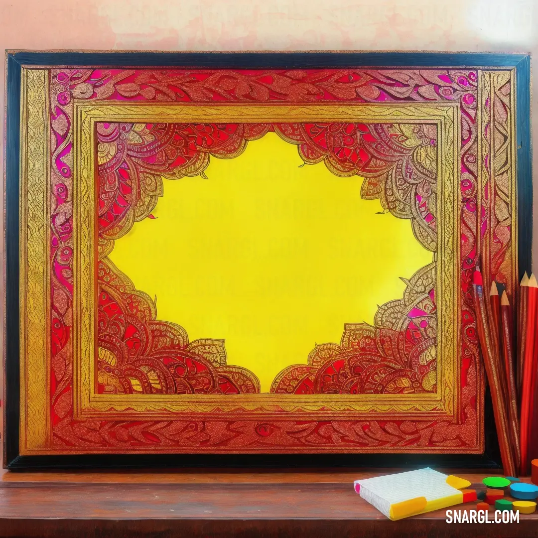 Picture frame with a yellow background and a pencils and crayons on a table next to it