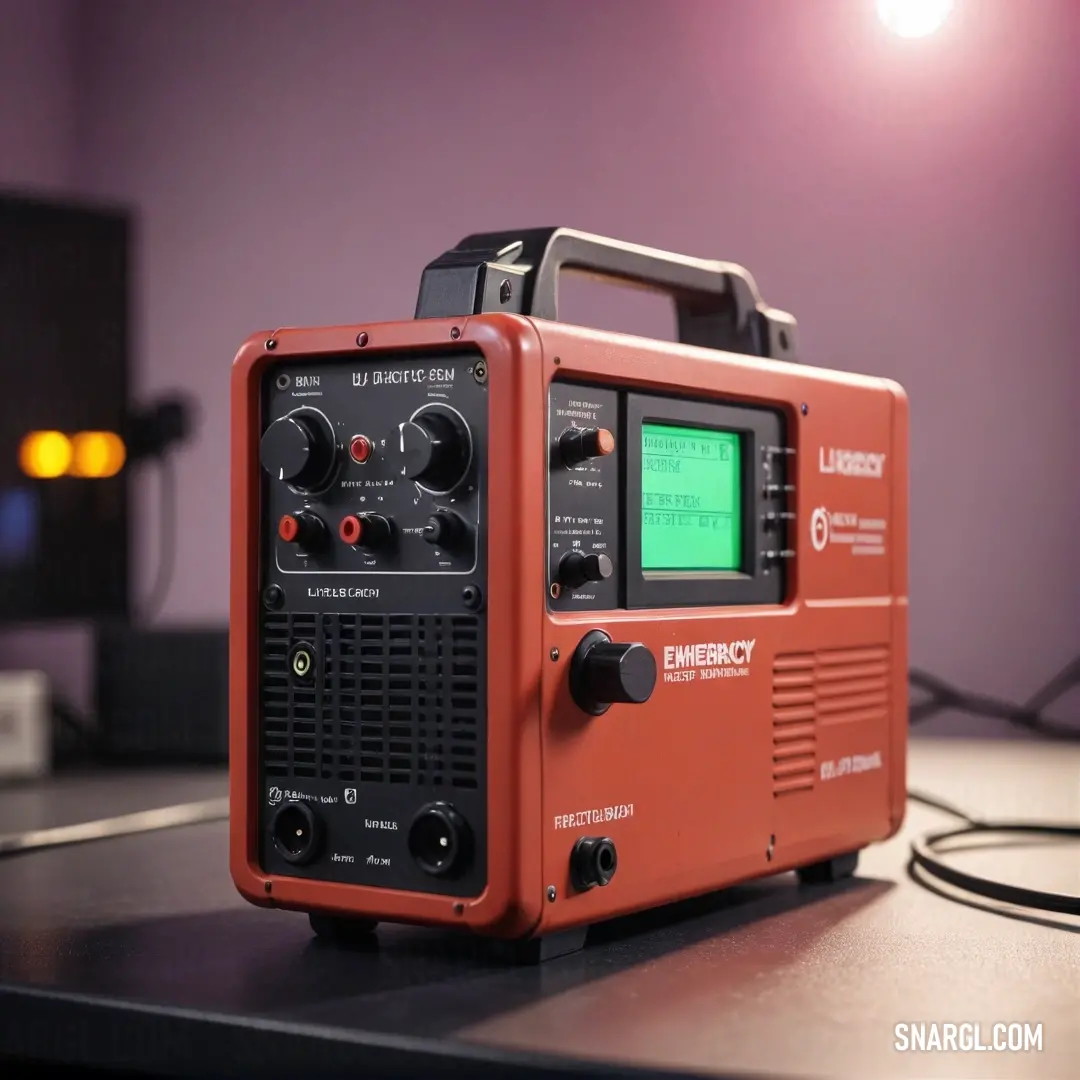 Radio on top of a table next to a microphone and a speaker on a table with a purple light. Color #CD5C5C.