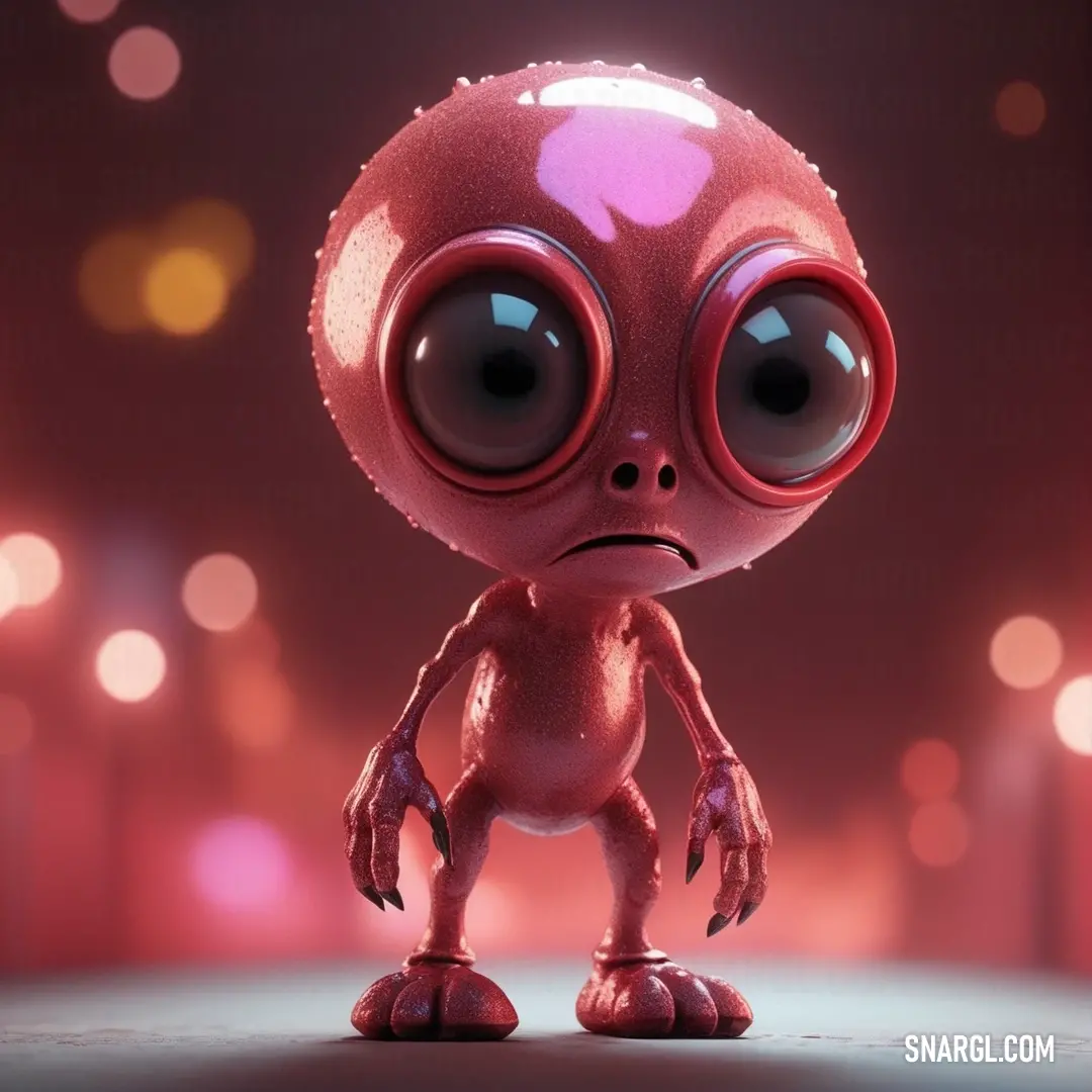 Indian red color. Red alien with big eyes standing in a dark room with lights in the background