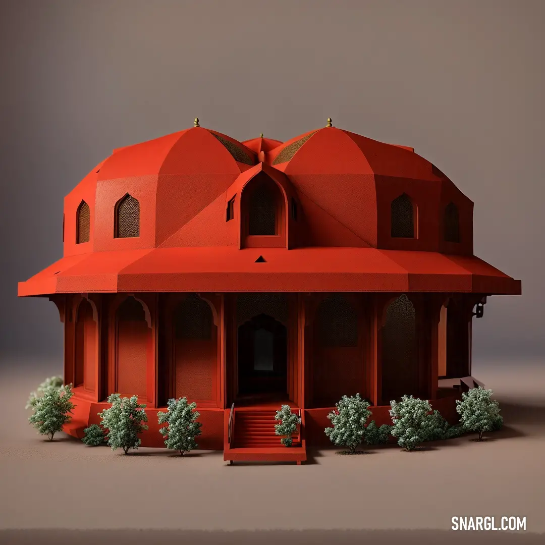 Red house with a red staircase and trees in front of it and a gray background behind it