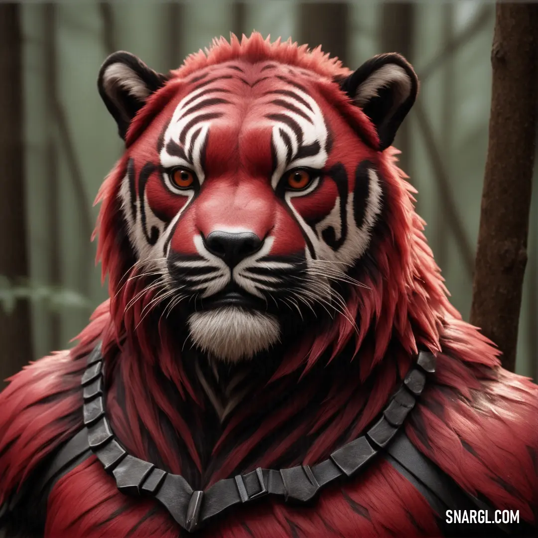 Red tiger with white stripes on its face and chest. Example of Indian red color.