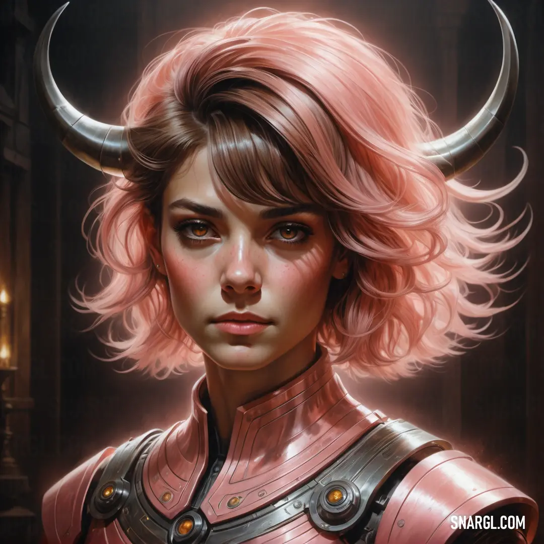 Woman with horns and a pink wig is staring at the camera with a serious look on her face. Example of CMYK 0,55,55,20 color.