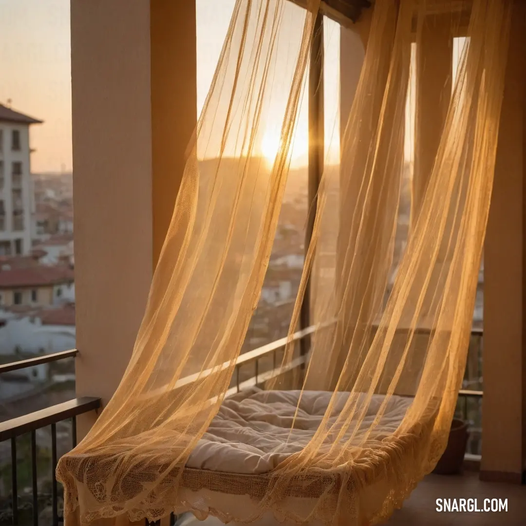 A beautifully arranged bedroom boasts a luxurious bed adorned with a delicate sheer curtain draped over its headboard, offering a stunning view of the vibrant city skyline beyond a large window.