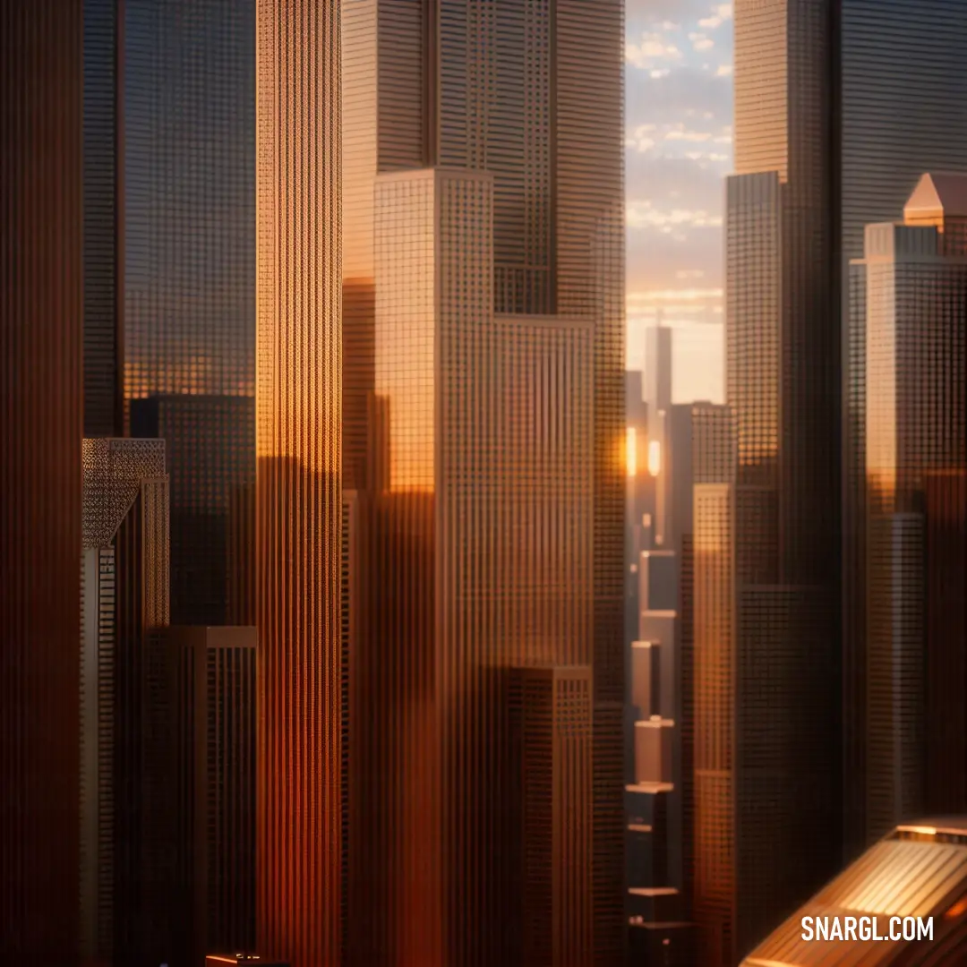 A breathtaking city skyline at sunset, with towering skyscrapers casting long shadows. A peaceful bench sits in the foreground, as a brilliant sun breaks through the clouds, creating a beautiful golden glow.