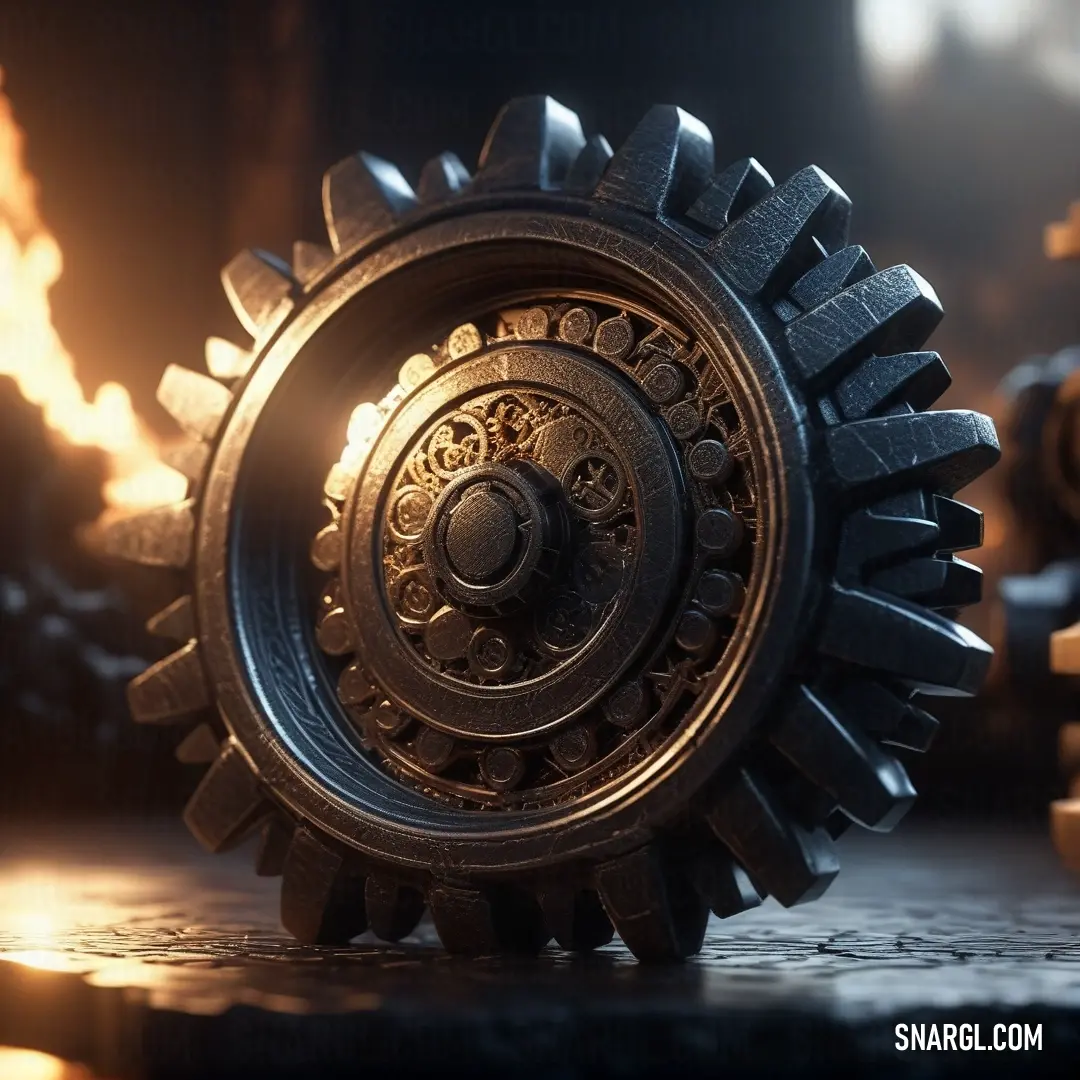 A close-up of a detailed metal gear sits on a wooden table, with a flickering fire in the background. The heat of the flames contrasts with the cool, mechanical precision of the gear, making for a striking juxtaposition.