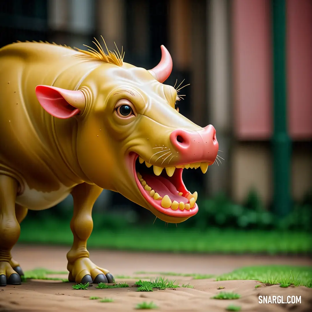 A bizarre, fictional creature stands proudly in a field of grass, its wide open mouth revealing sharp teeth, ready for action. The vivid colors in the surroundings enhance the creature's intimidating yet strange presence.