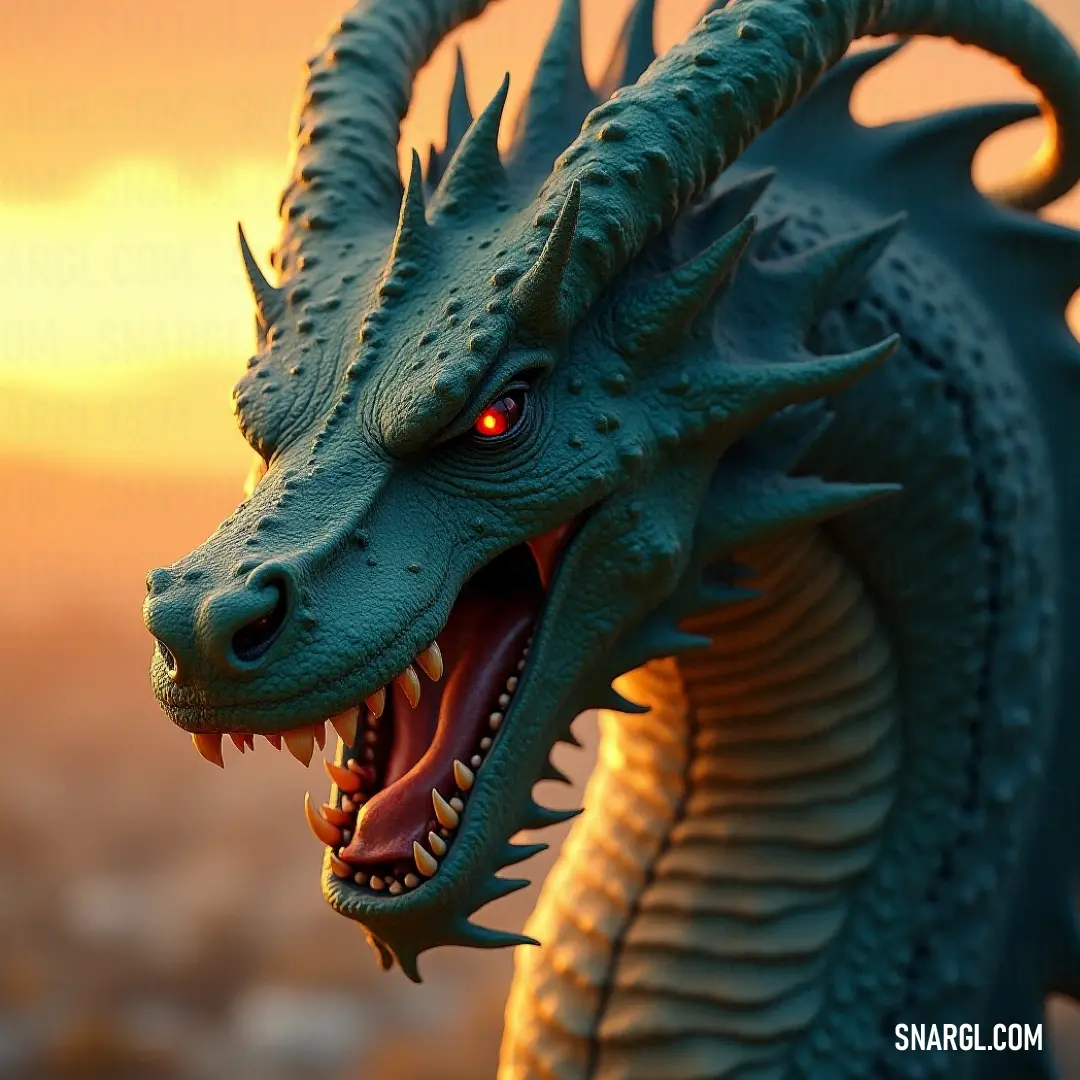 A ferocious green dragon statue with its mouth agape, red eyes glowing ominously, reveals sharp, menacing teeth. The intricately detailed scales shimmer, evoking a sense of ancient power and majesty.