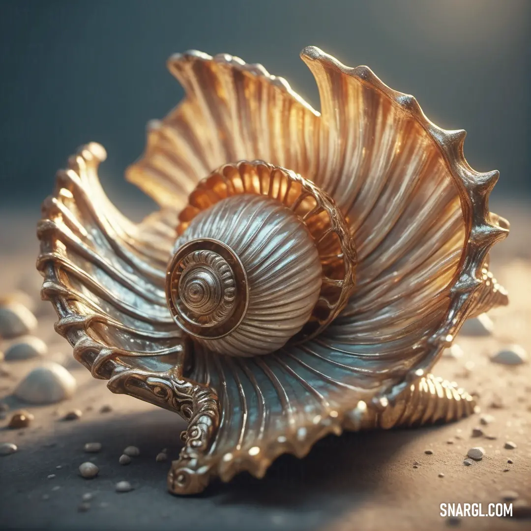 A delicate seashell rests on a table, its intricate details highlighted by glistening water droplets. The soft blue background enhances the shell’s subtle beauty and natural texture.