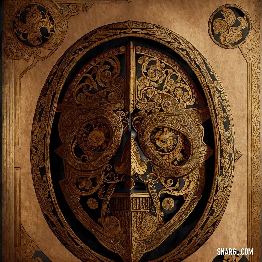 An intricately designed door with a skull in the center, blending decorative elements with an edgy design. The rich golden hue adds a touch of elegance to the dark motif.