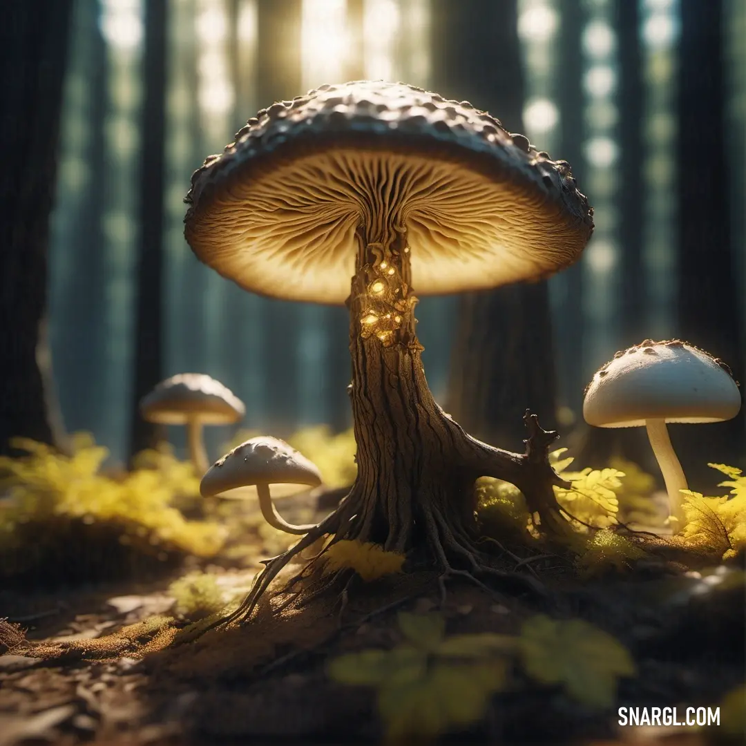Indian yellow color example: Group of mushrooms in a forest with a light on them's head and a tree stump in the foreground