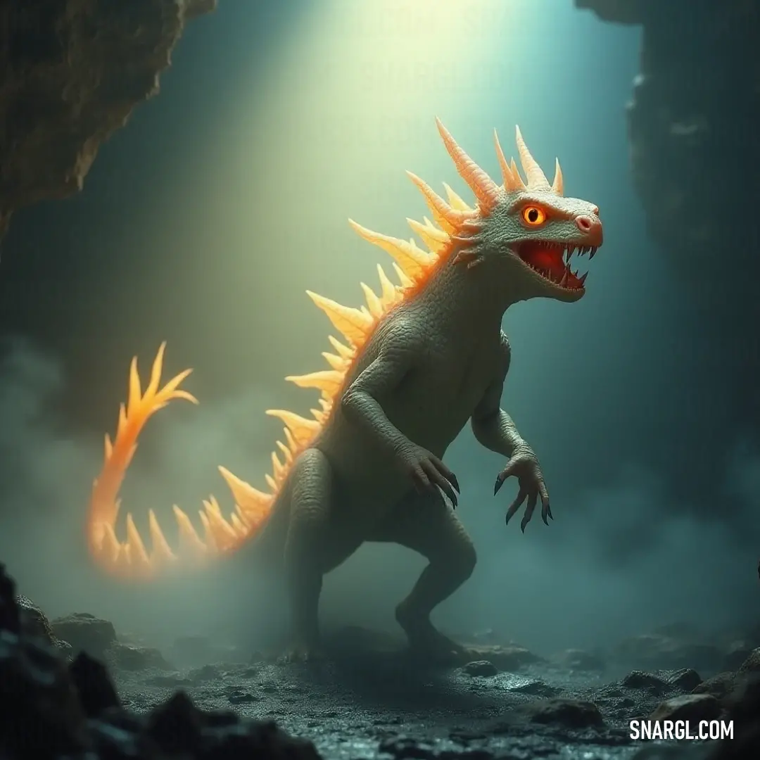 A mighty dinosaur with formidable spikes adorning its head and tail stands in a dimly lit cave, bathed in a soft light that accentuates its powerful form and prehistoric essence.