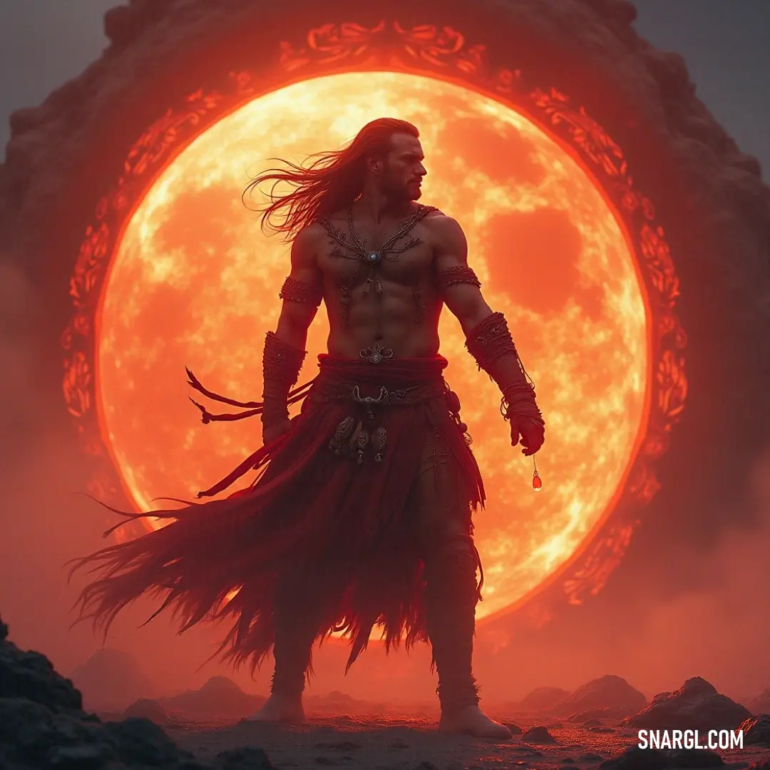 A striking figure dressed in an elaborate costume stands boldly against a backdrop of a fiery sun, infusing the scene with an otherworldly aura and a hint of mystique as a demon-like face looms behind.