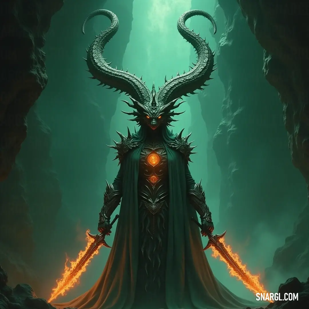 Majestic horned figure wielding a sword stands boldly in a dark cave, flames dancing in its hands. A glowing demon face emanates from its chest, casting eerie shadows that reveal the rugged cave walls.