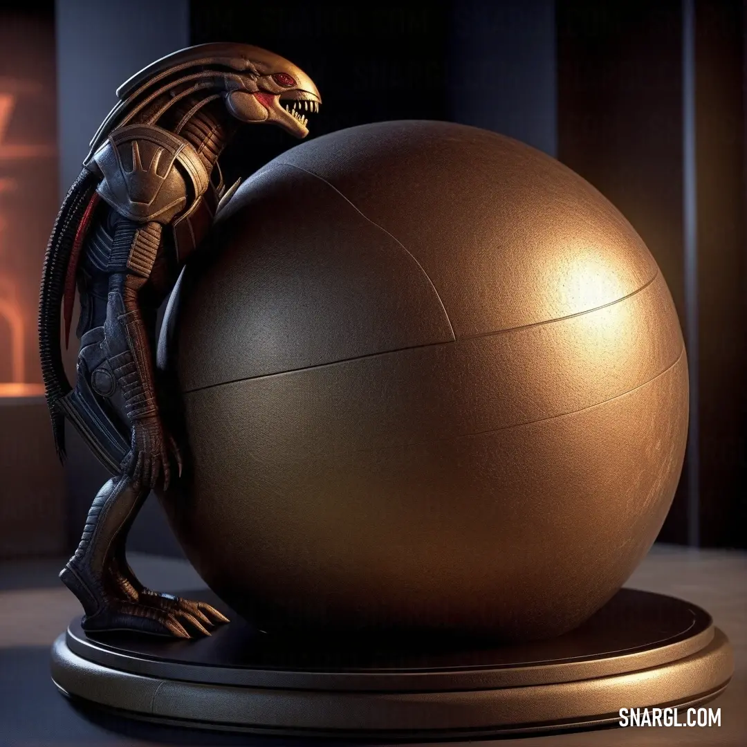 An alien statue sits atop a metallic ball on a table, its eerie presence juxtaposed against the warm glow of a nearby fireplace. The combination of metal and fire creates an intriguing contrast of elements.