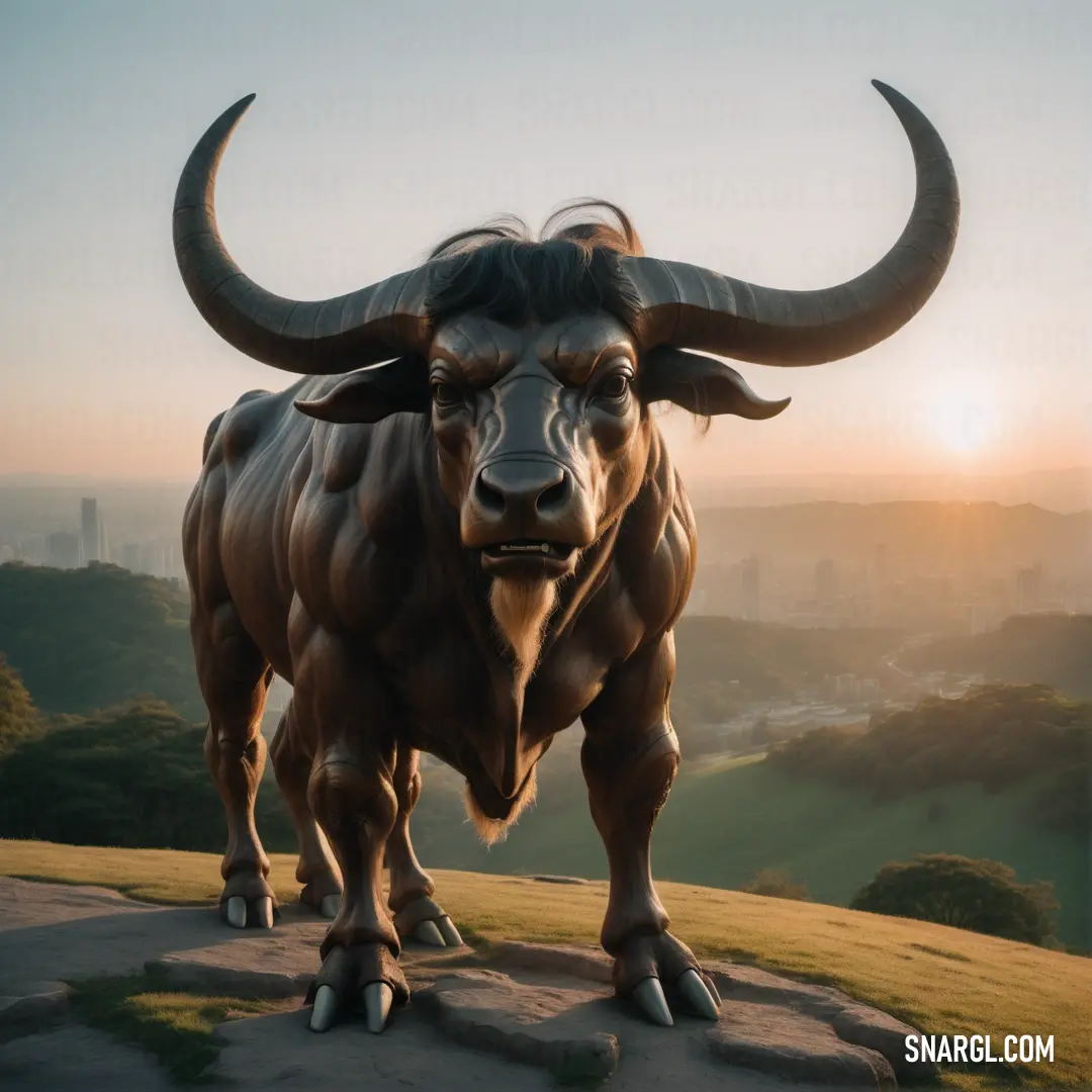 A majestic statue of a bull with massive, sweeping horns, perched on a hilltop overlooking a sprawling city below. The golden hues of the bull shine brightly under the sunlight, emphasizing its grand stature and strength.