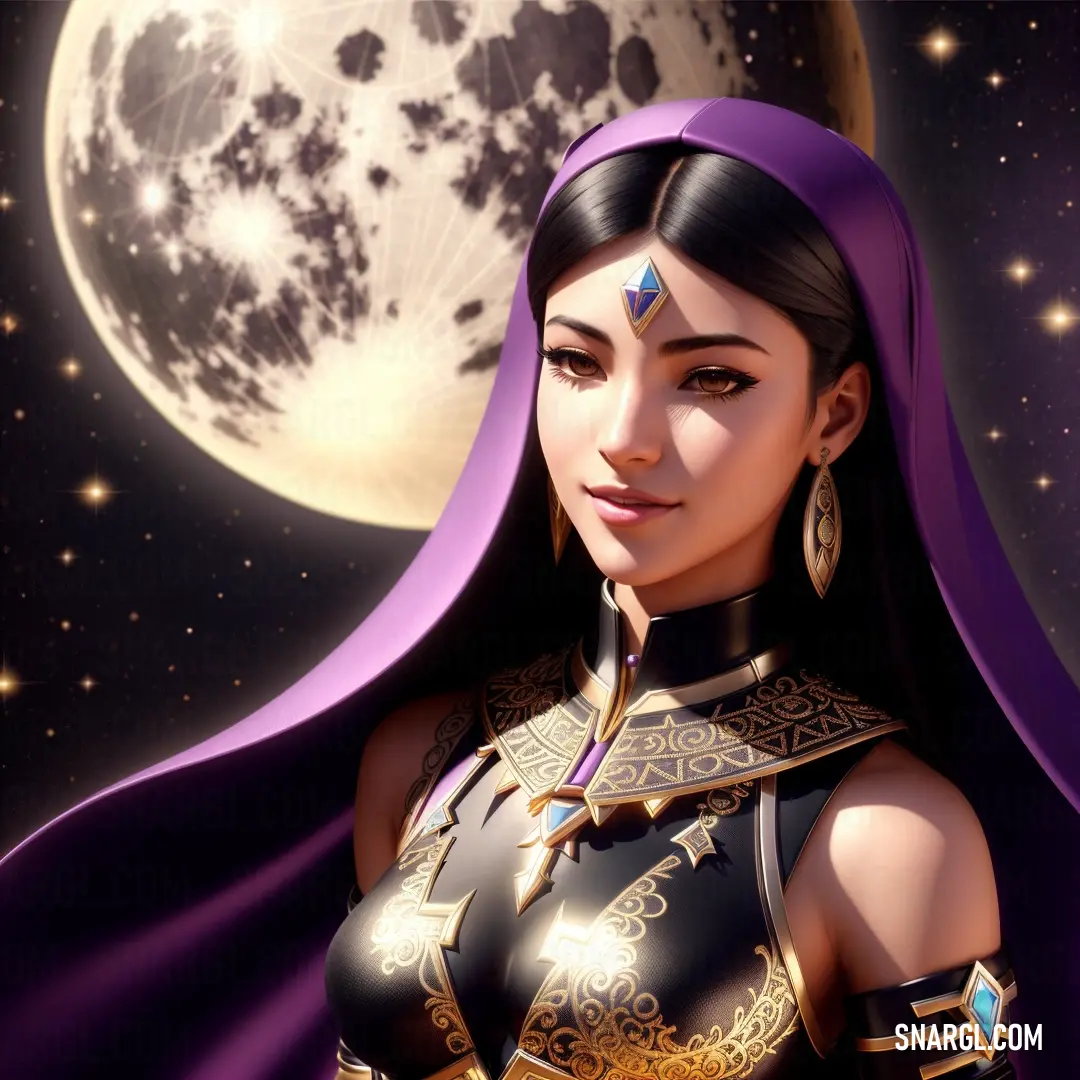 A woman in a vibrant costume stands confidently against a striking background of a full moon and starry sky. The bright Indian yellow tone of her outfit contrasts beautifully with the celestial backdrop, creating an aura of mysticism and wonder.