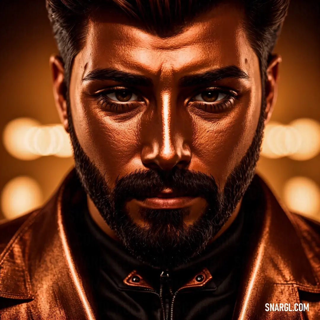 A rugged man with a strong beard and intense gaze stands in a leather jacket, his serious expression suggesting a story behind his look. The deep, earthy tones of Indian yellow envelop the scene, adding warmth to his persona.