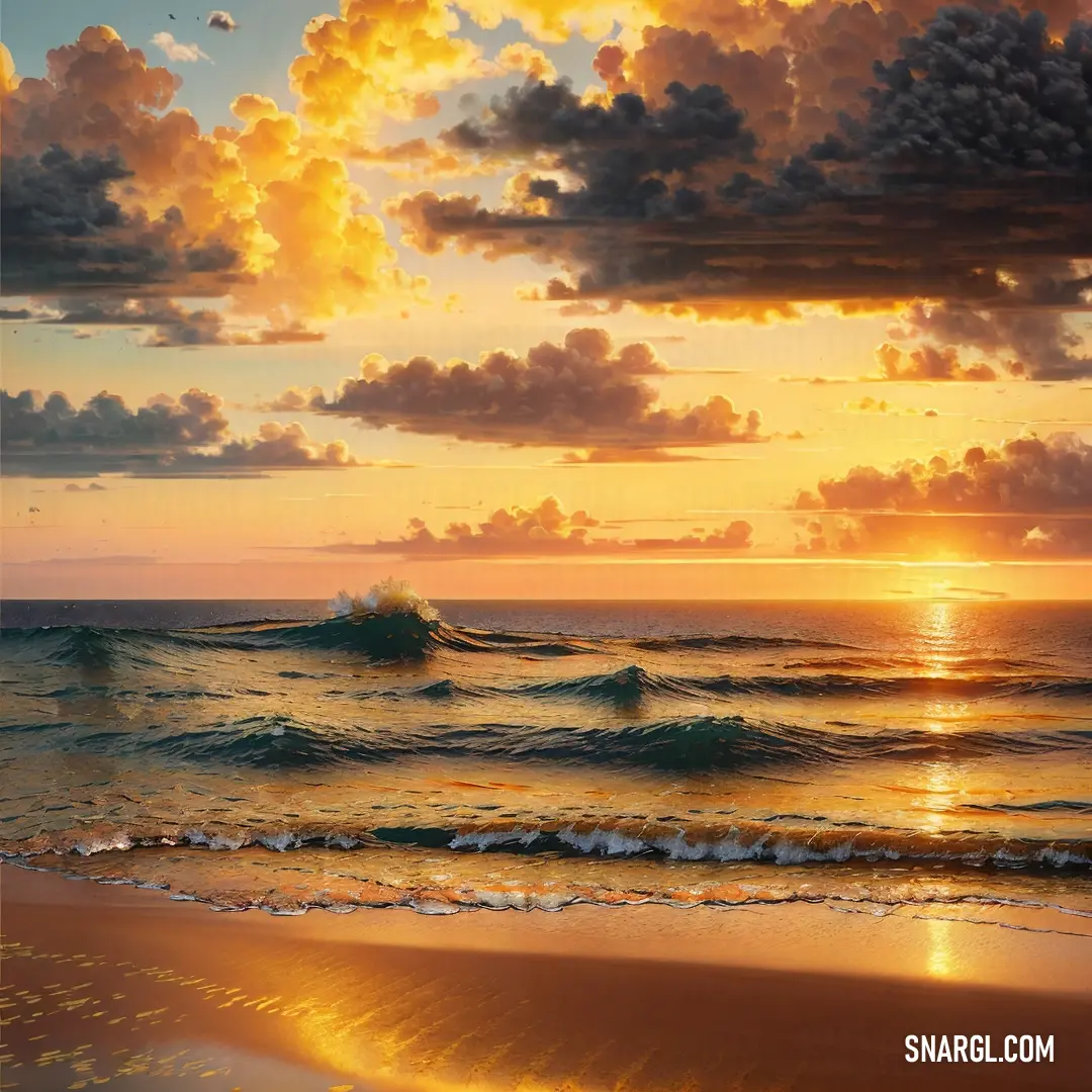 Painting of a sunset over the ocean with waves crashing on the shore