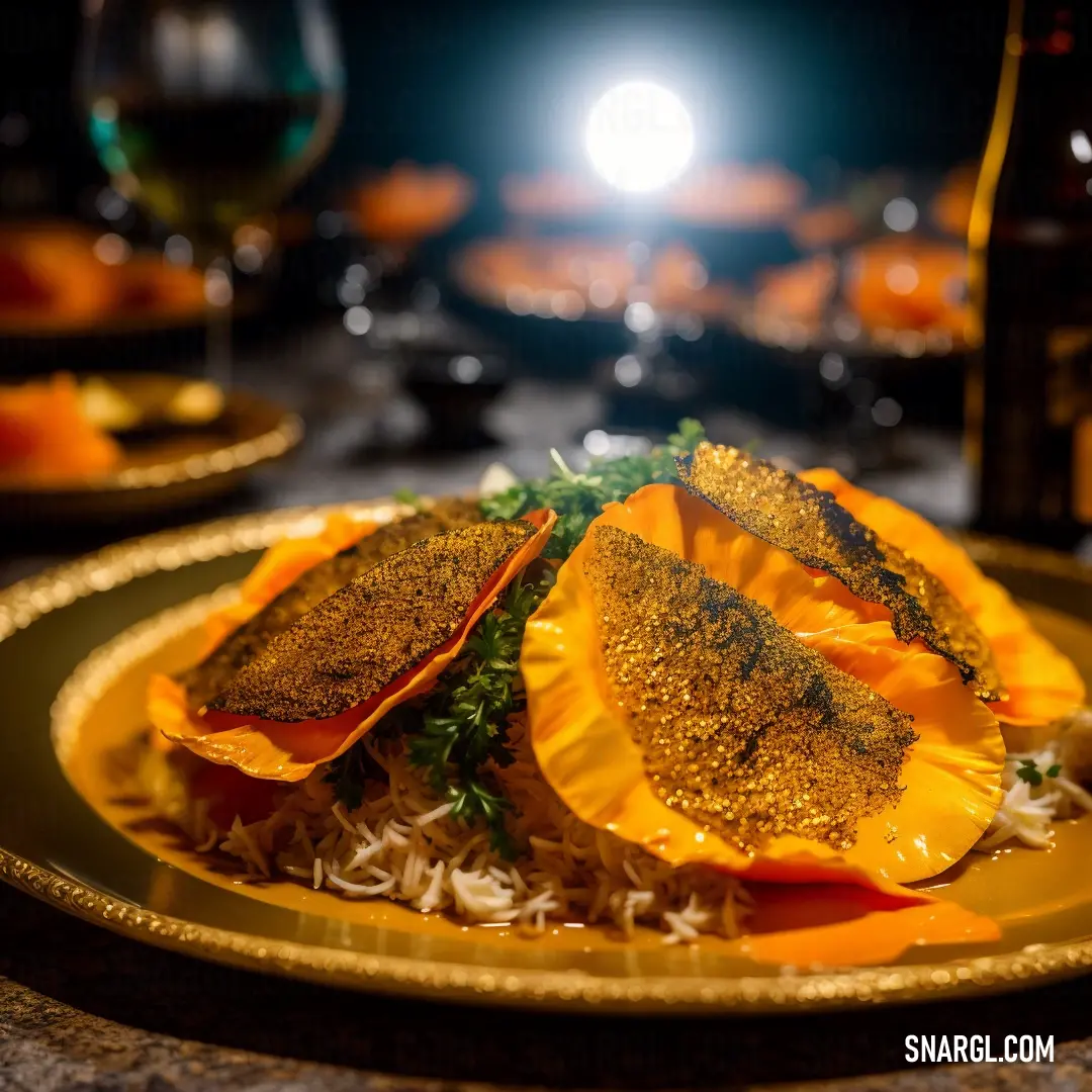 Plate of food with a bottle of wine in the background