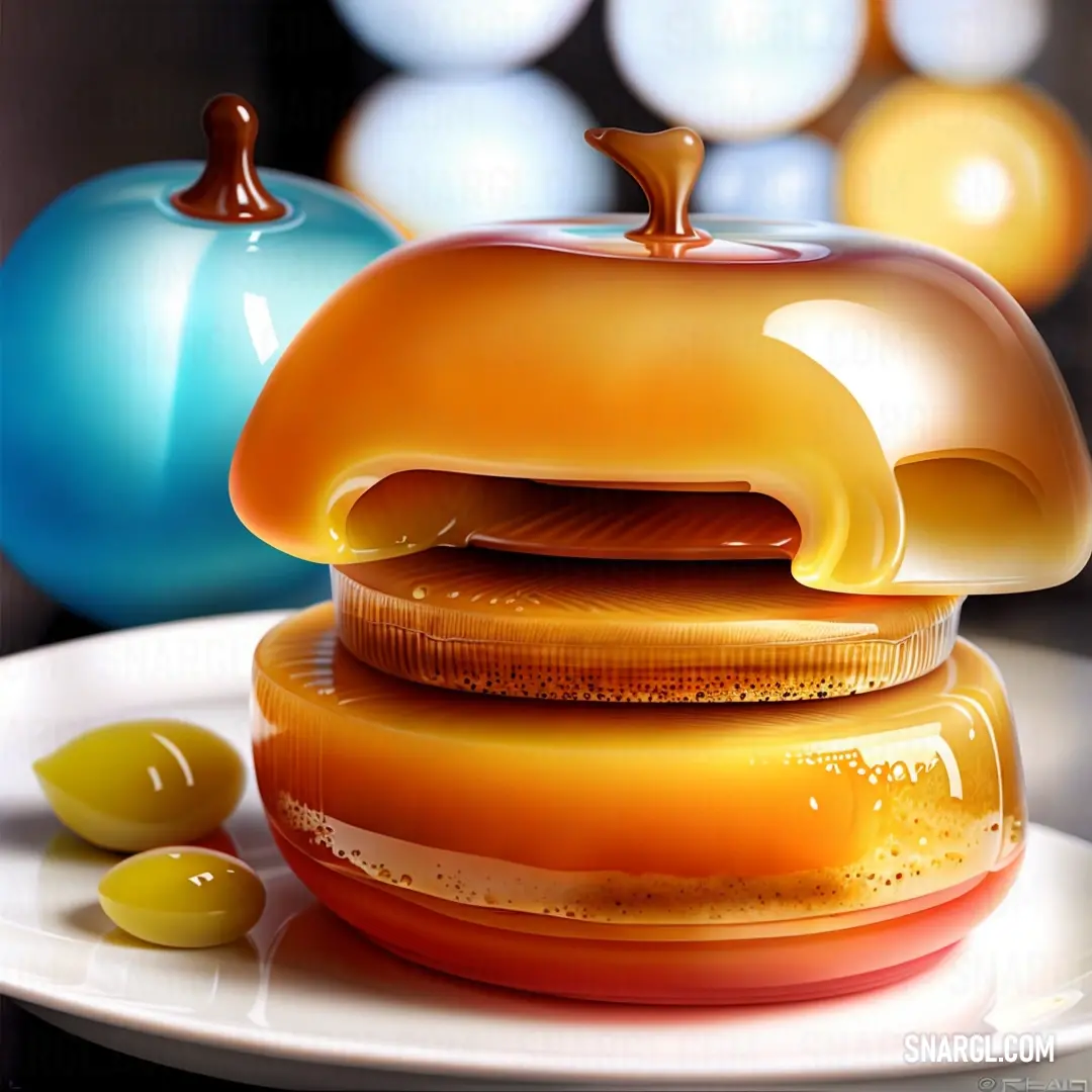 Plate with a jar of jelly and some olives on it and a blue and yellow apple in the background