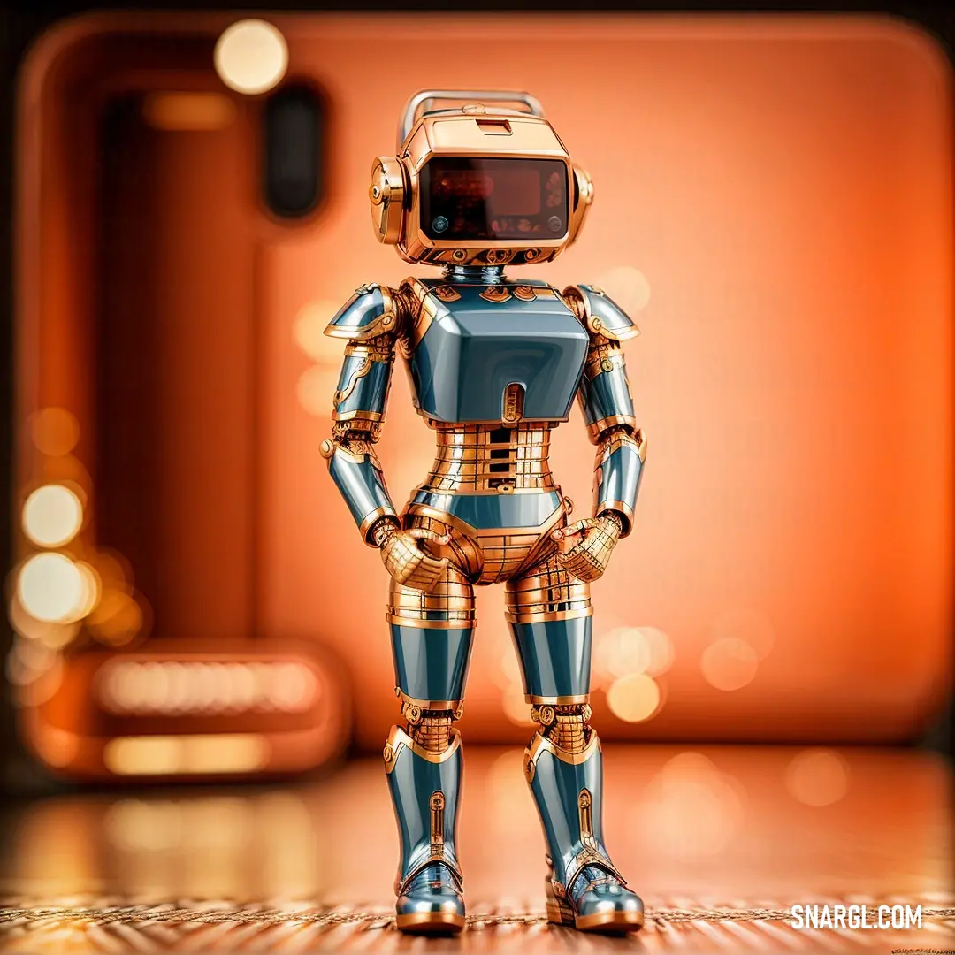 A futuristic robot stands confidently on a table, with a sleek cell phone positioned behind it. The scene is enriched with a distinctive blend of CMYK colors, adding a unique and modern touch to the tech-inspired environment.