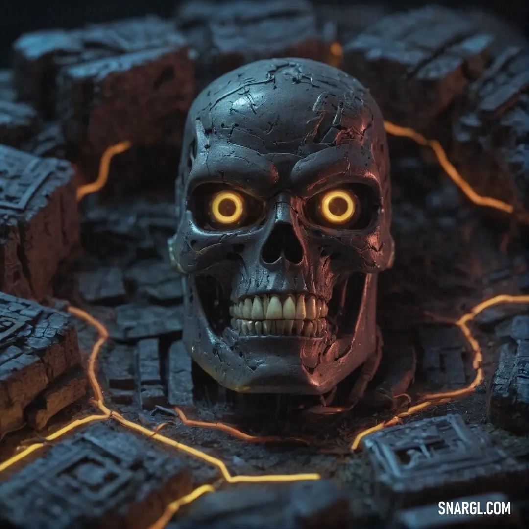 A mysterious skull with glowing eyes, surrounded by smaller skulls arranged in a circle. The eerie scene is framed by rocks and stones, with the haunting color of amber (#E3A857) enhancing the atmosphere.