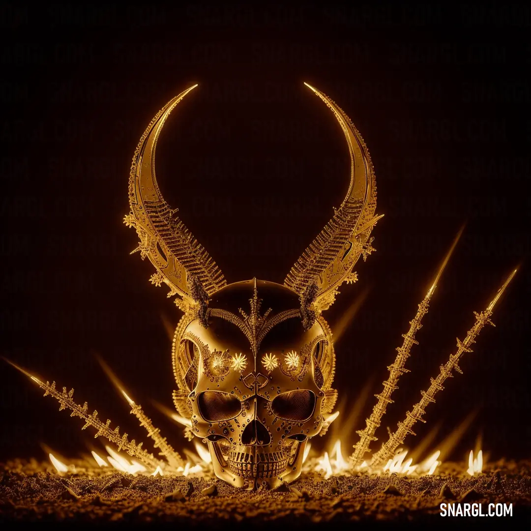 Skull with horns and flames in the background. Color #E3A857.