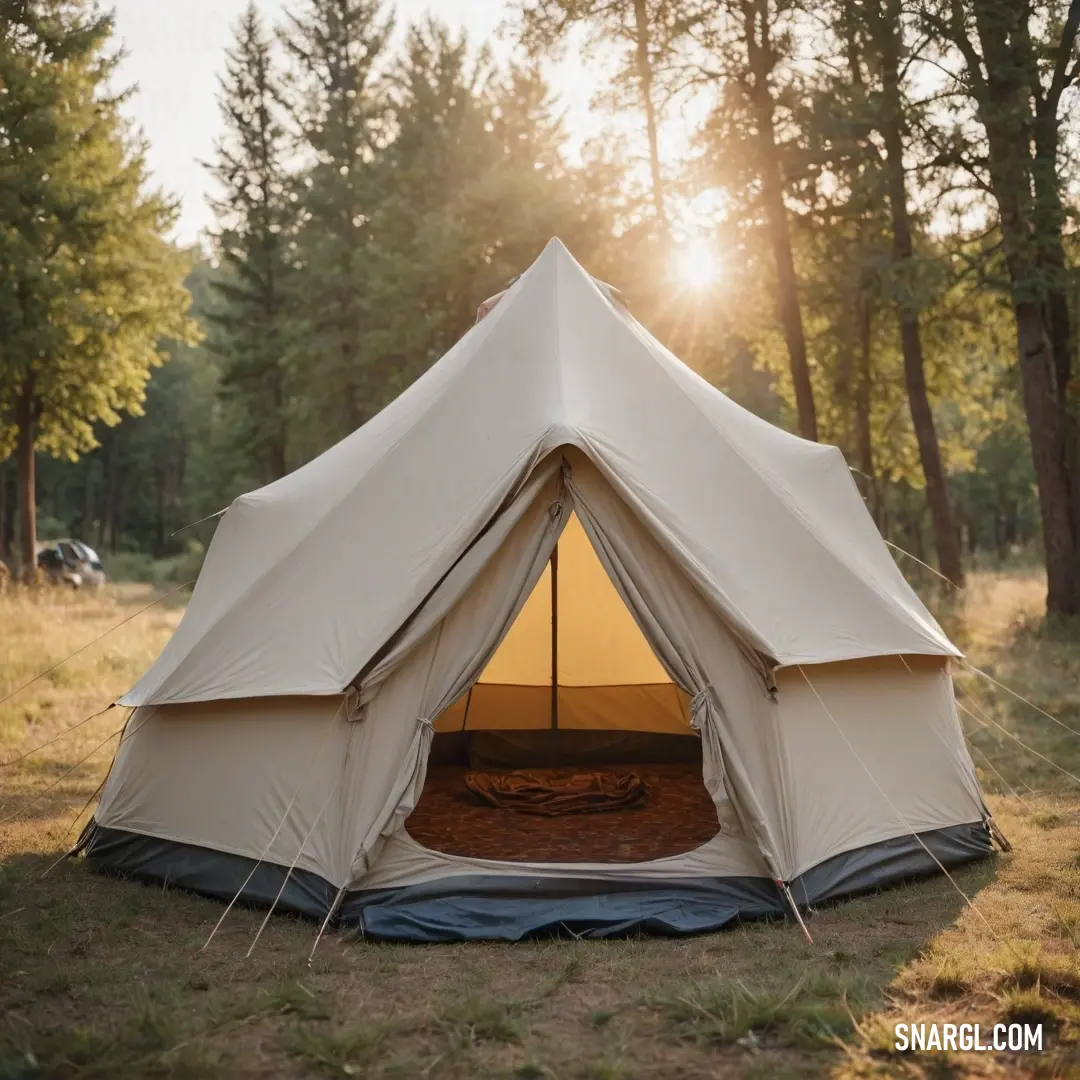 A cozy tent nestled in the woods under the gentle glow of sunlight filtering through verdant trees, creating a warm and inviting atmosphere for exploration and relaxation in nature.