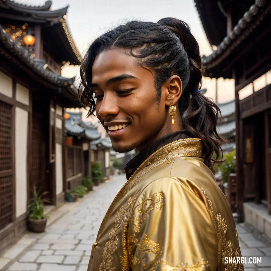 Woman in a gold jacket smiling at the camera with a brick walkway in the background