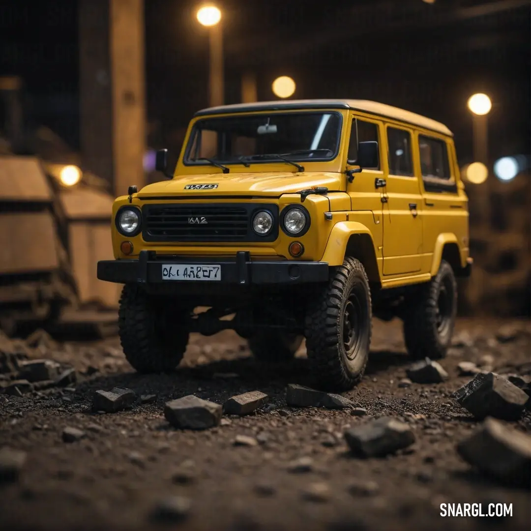 A bright yellow truck stands parked in a tranquil parking lot at night, its illuminated sides reflecting the serenity of the evening, evoking a sense of adventure and exploration under the stars.