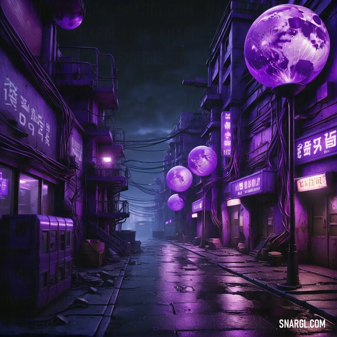 City street with a purple light and a purple globe hanging from the ceiling of the street and buildings. Color #4B0082.
