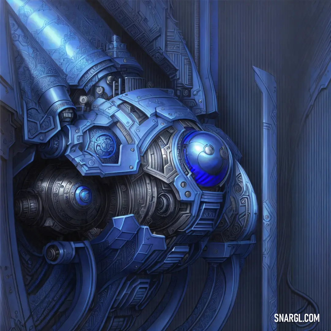 Futuristic blue artwork piece with a large metal object in the center of it's body