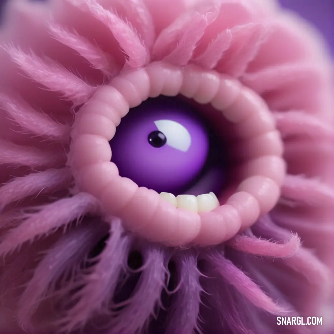 Indigo color. Close up of a purple object with a purple eyeball in it's center and a pink flower