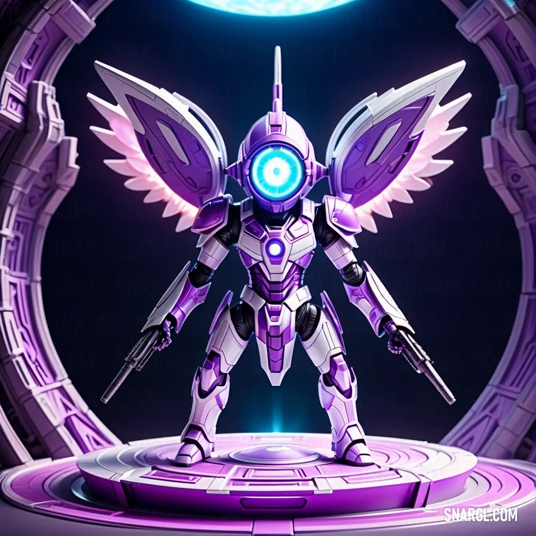 Futuristic robot with wings and a halo around it's head standing on a platform in front of a circular doorway. Example of Indigo color.