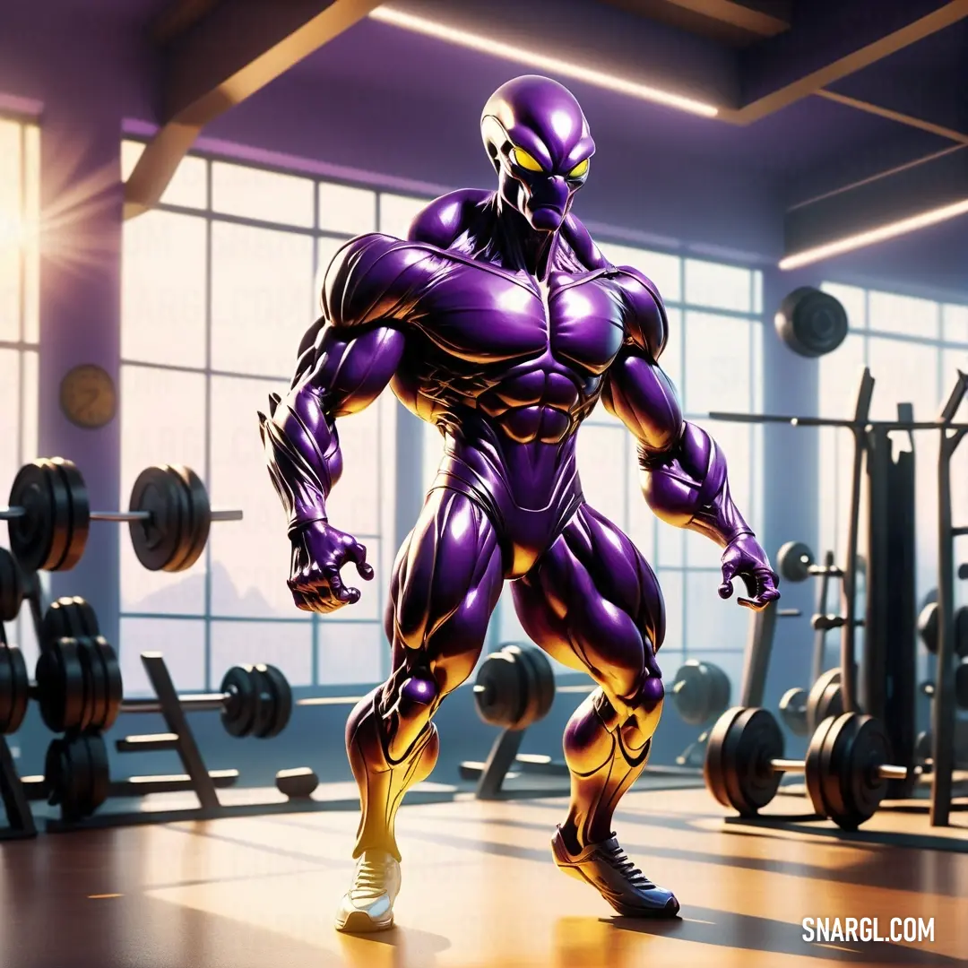 Man in a purple suit is in a gym with a barbell and a weight rack in the background. Color #4B0082.