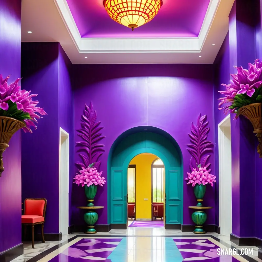 Purple hallway with a yellow door and purple flowers on the floor and a purple ceiling light above it. Example of #4B0082 color.